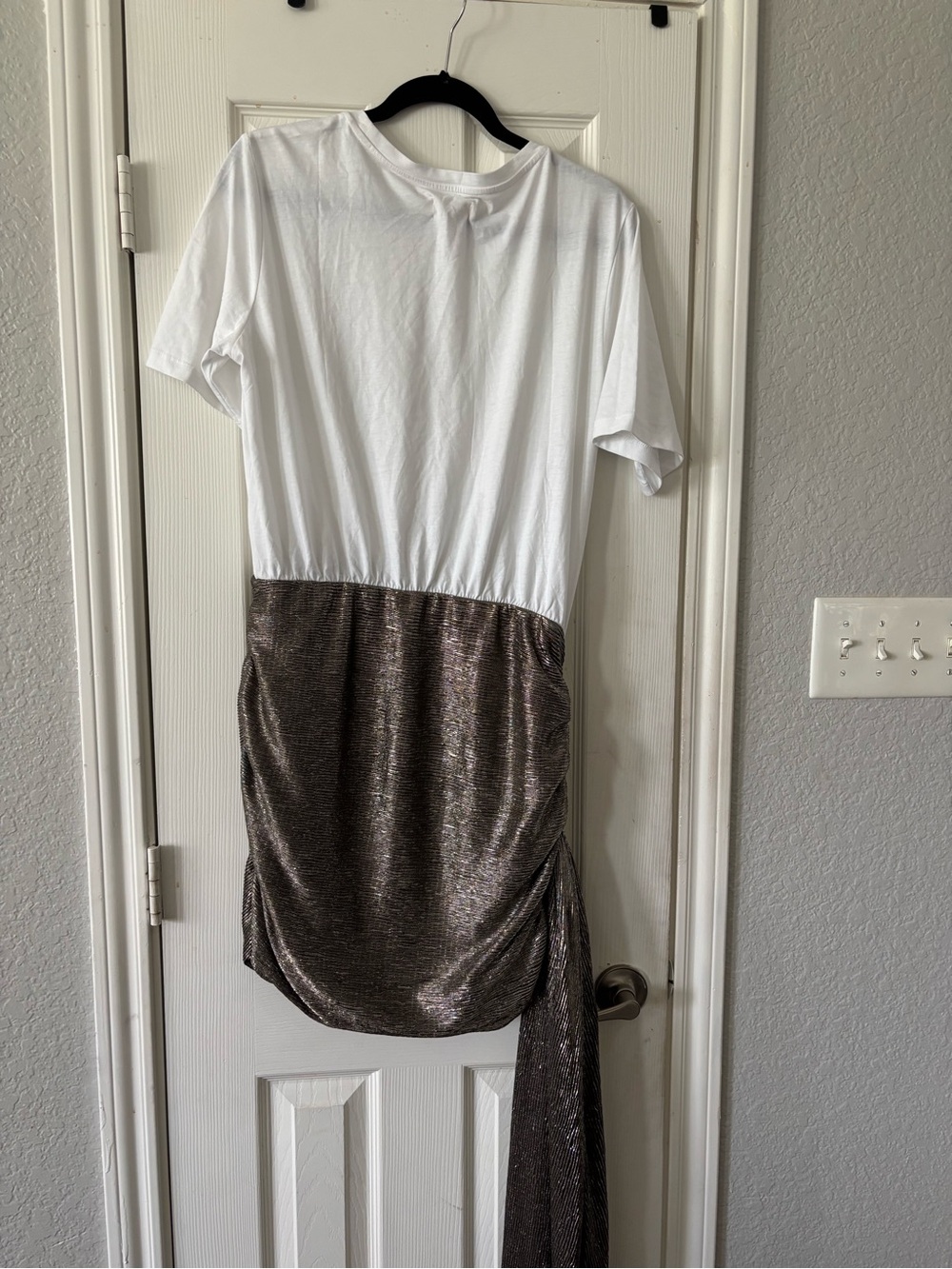 Anthropologie White Top with Metallic Bronze High-Low Skirt Dress